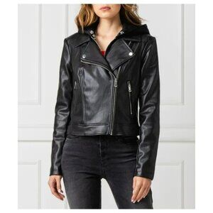 Guess LETIZIA Black Faux Leather Moto Jacket W/ Logo Hoodie Detachable Hood Size